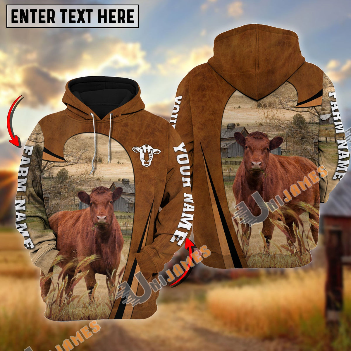 Personalized Name, Farm Name Red Angus Premium Brown Pattern Hoodie