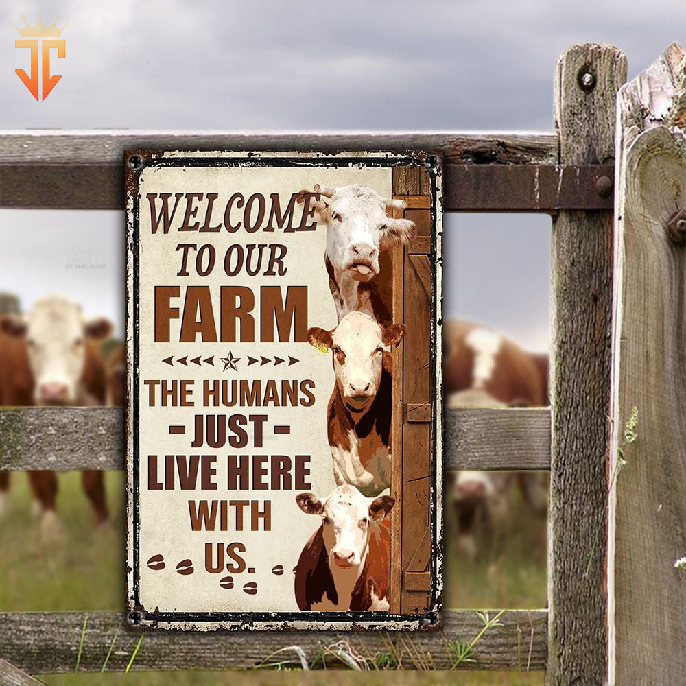 Personalized Name Hereford Cattle Welcome to our farm All Printed 3D Metal Sign