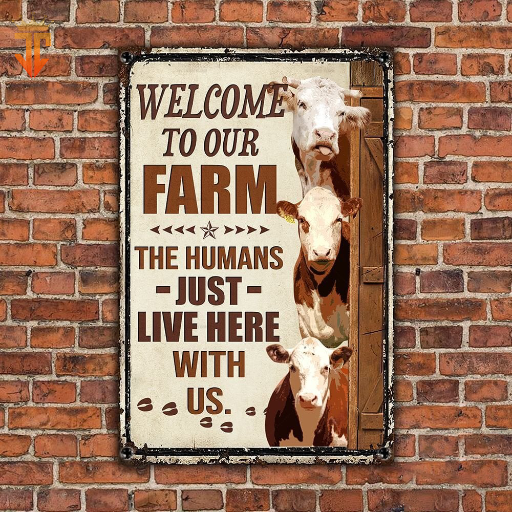 Personalized Name Hereford Cattle Welcome to our farm All Printed 3D Metal Sign