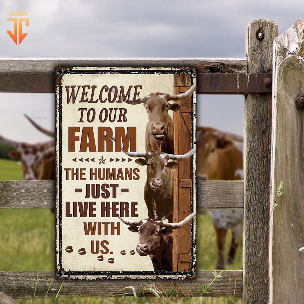 Personalized Name TX Longhorn Cattle Welcome to our farm All Printed 3D Metal Sign