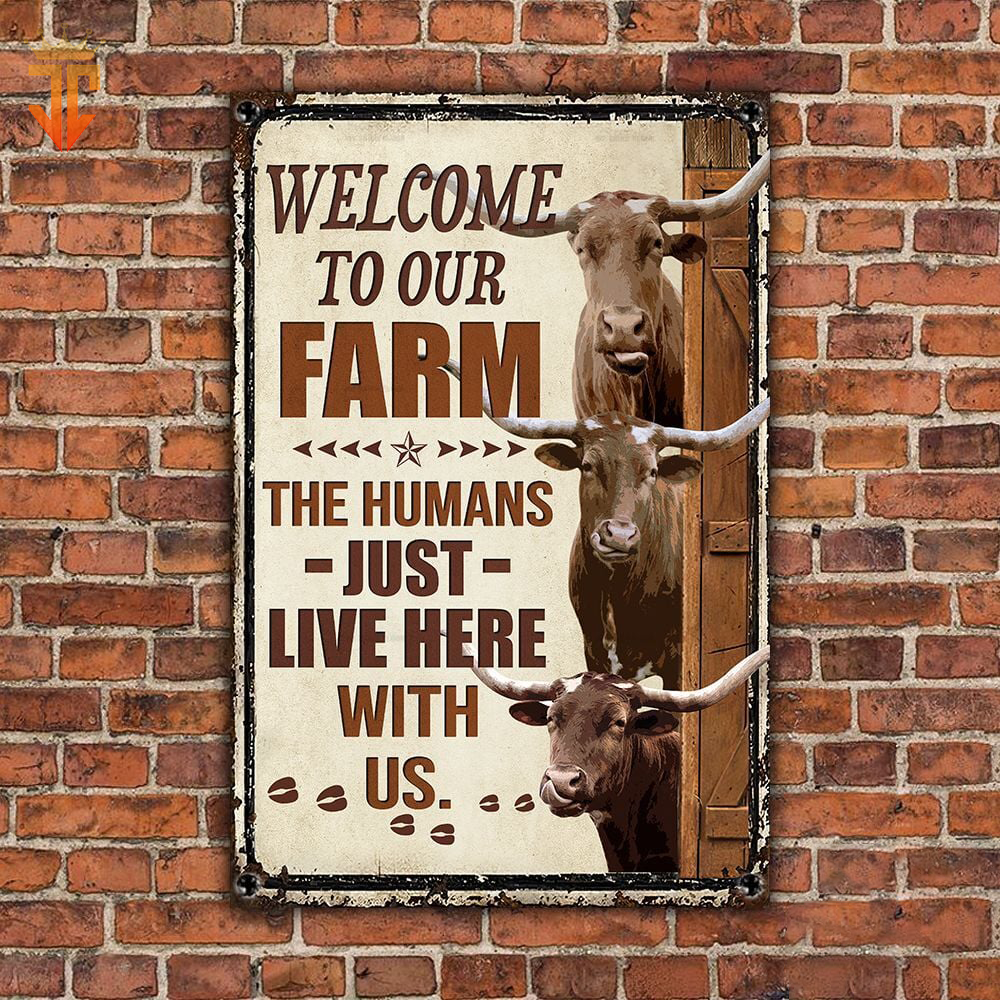Personalized Name TX Longhorn Cattle Welcome to our farm All Printed 3D Metal Sign