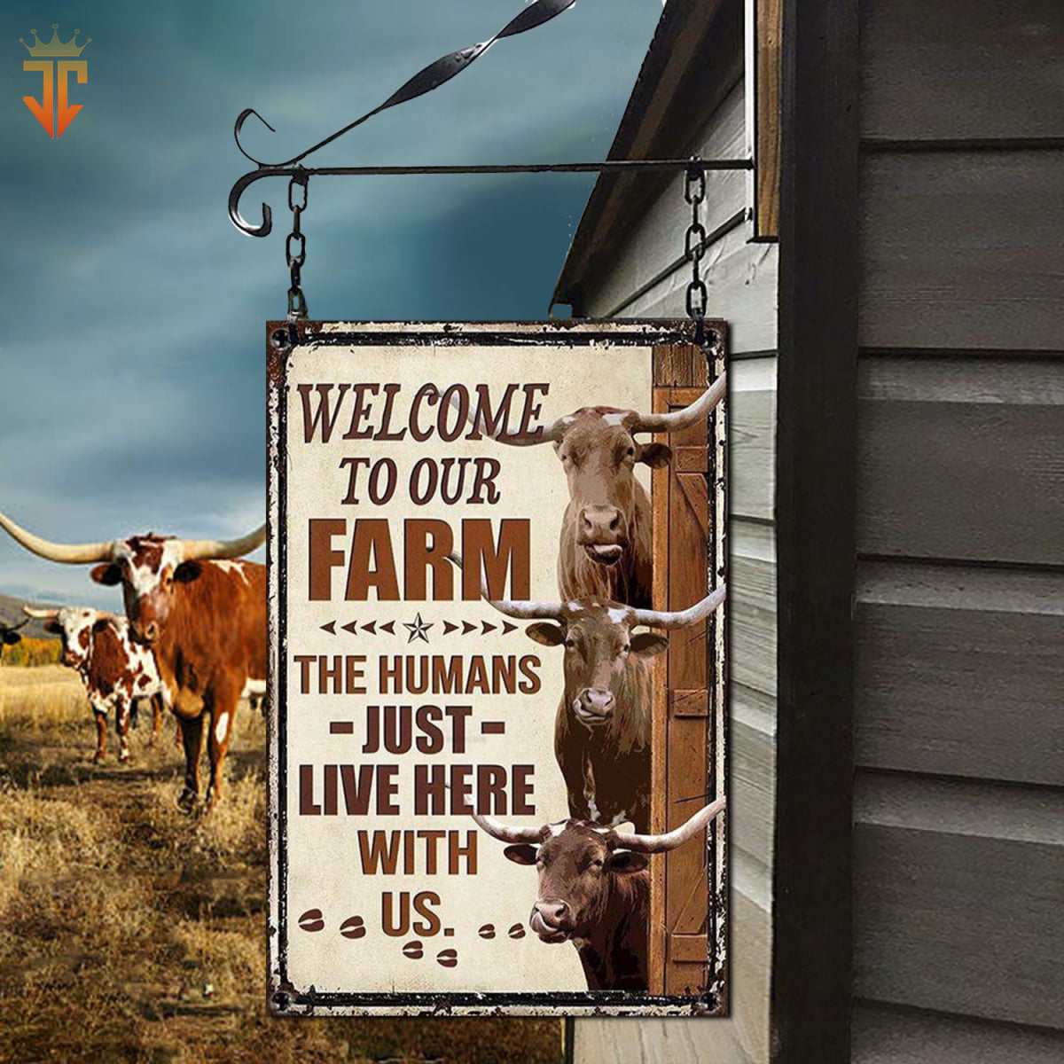 Personalized Name TX Longhorn Cattle Welcome to our farm All Printed 3D Metal Sign