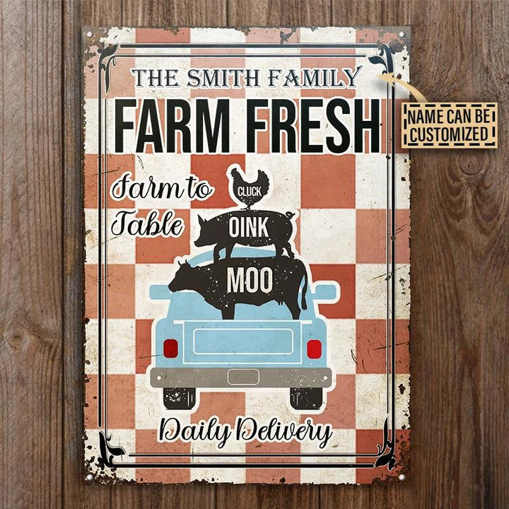 Farm Fresh Red And White Checked Pattern Rectangle Metal Sign Custom Name