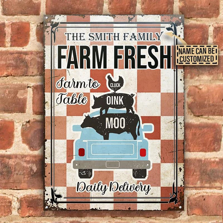 Farm Fresh Red And White Checked Pattern Rectangle Metal Sign Custom Name