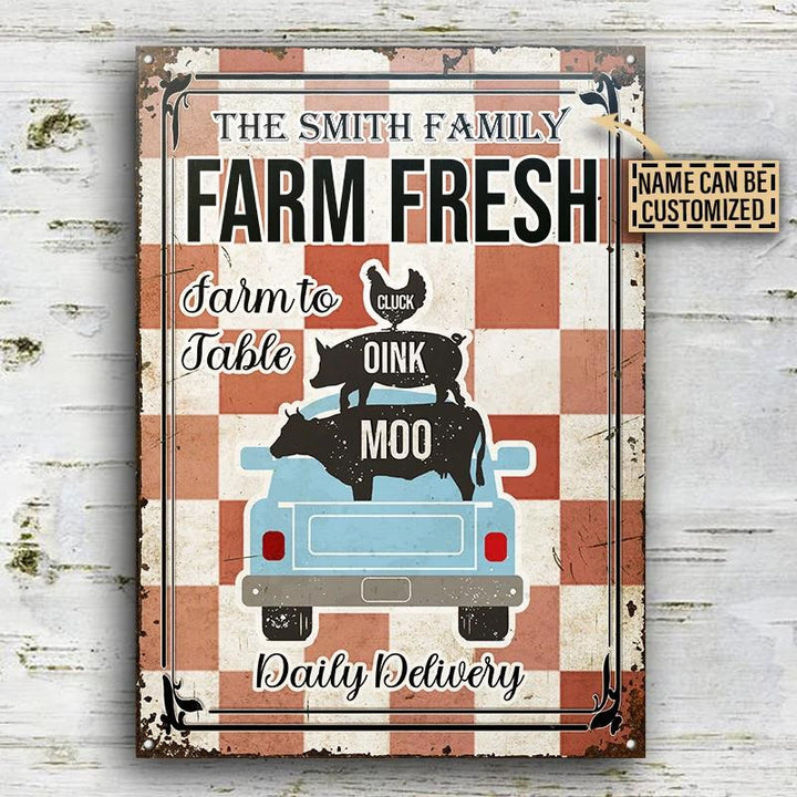 Farm Fresh Red And White Checked Pattern Rectangle Metal Sign Custom Name
