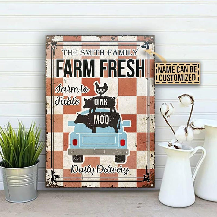 Farm Fresh Red And White Checked Pattern Rectangle Metal Sign Custom Name