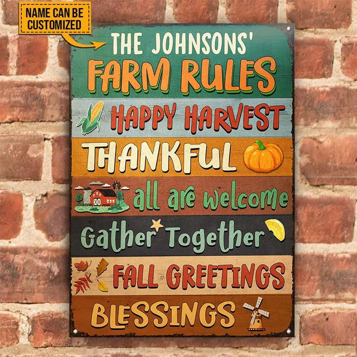 Autumn Farm Rules Fall Greetings Harvest Season Rectangle Metal Sign Custom Name