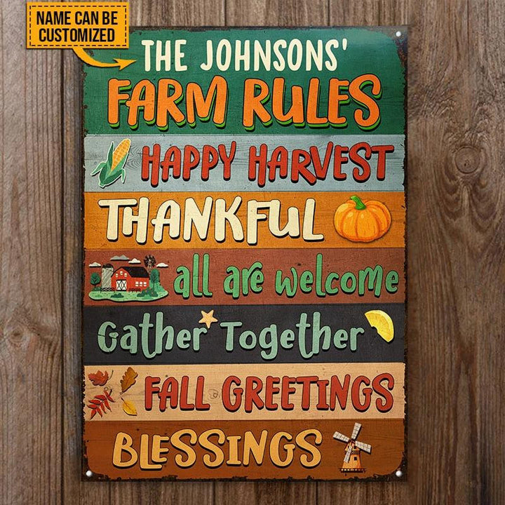 Autumn Farm Rules Fall Greetings Harvest Season Rectangle Metal Sign Custom Name