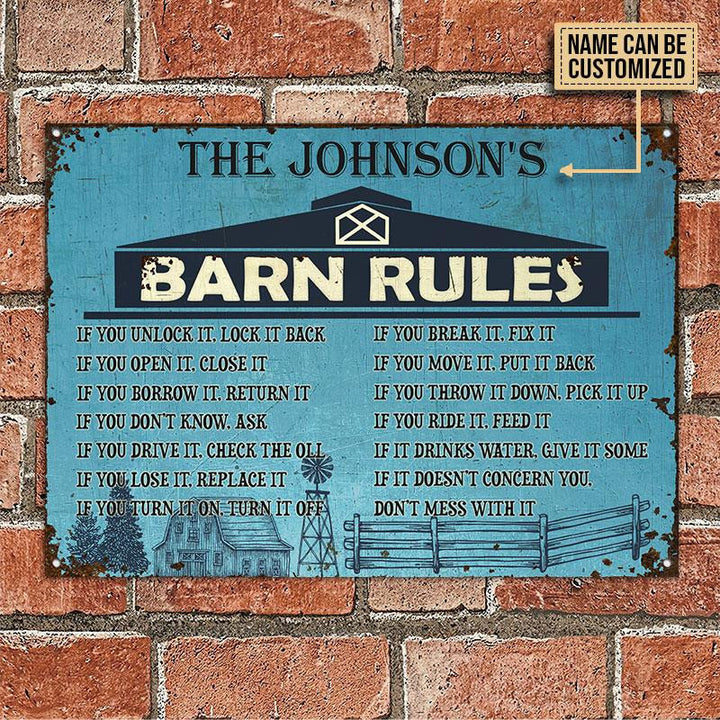Farm Barn Rules Blue Rectangle Metal Sign Custom Name