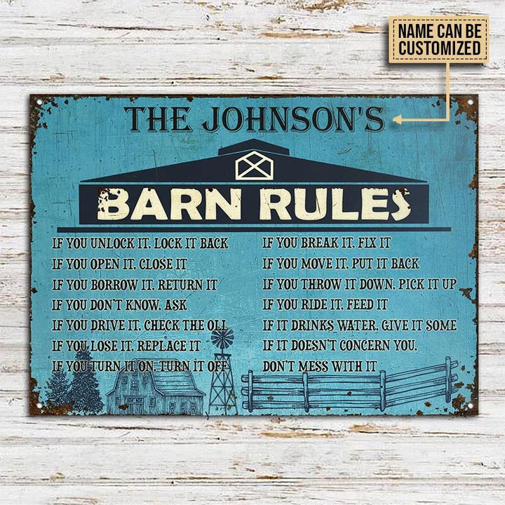 Farm Barn Rules Blue Rectangle Metal Sign Custom Name