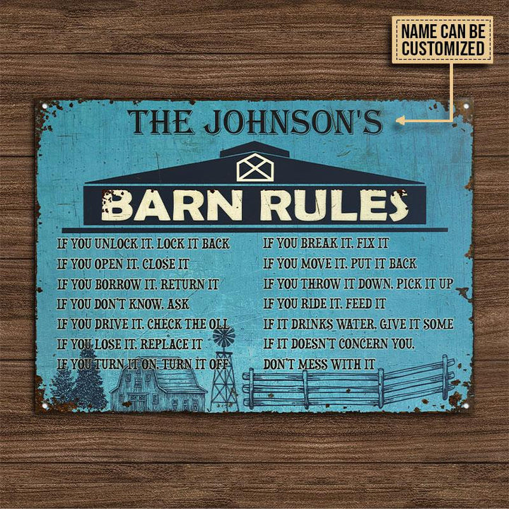 Farm Barn Rules Blue Rectangle Metal Sign Custom Name