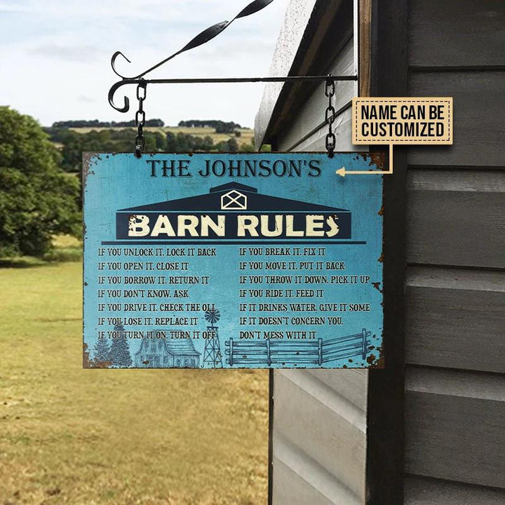 Farm Barn Rules Blue Rectangle Metal Sign Custom Name