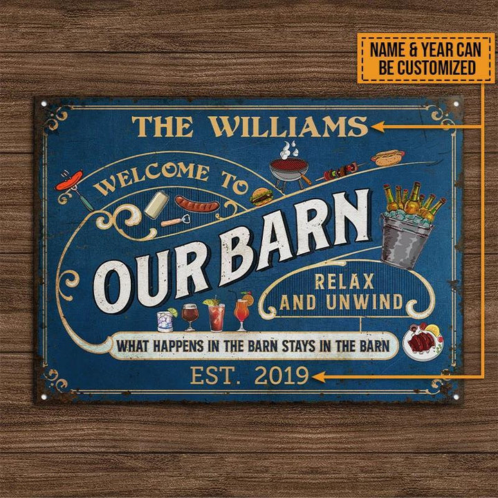 Our Farm Barn Blue Design Rectangle Metal Sign Custom Name Year