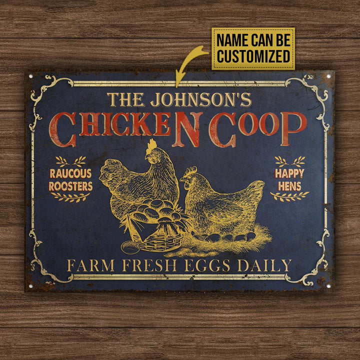 Yellow Chicken Coop Farm Fresh Eggs Rectangle Metal Sign Custom Name