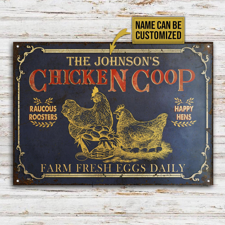 Yellow Chicken Coop Farm Fresh Eggs Rectangle Metal Sign Custom Name
