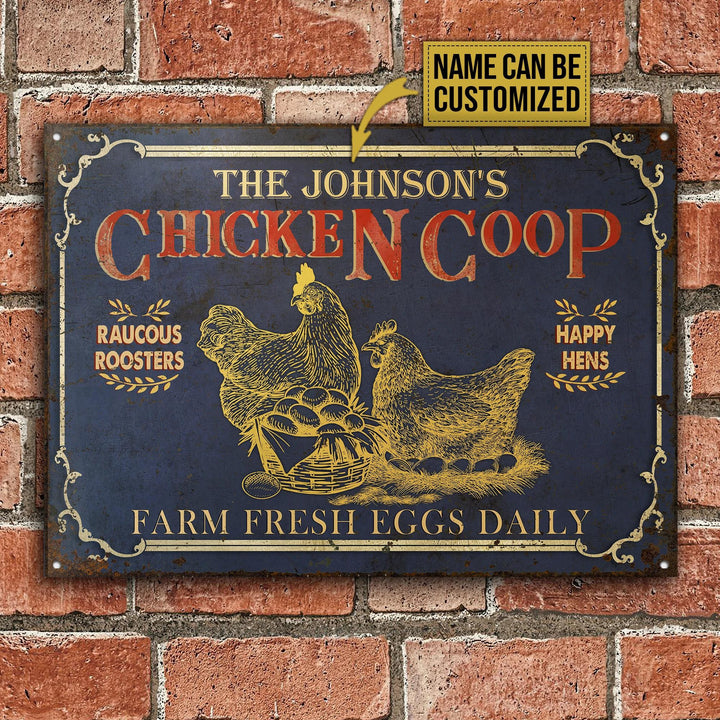Yellow Chicken Coop Farm Fresh Eggs Rectangle Metal Sign Custom Name