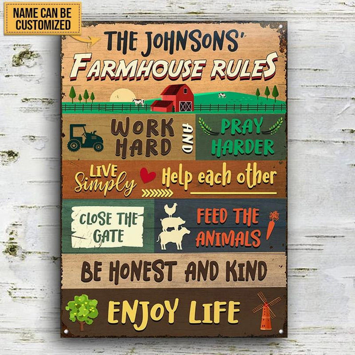 Farm Farmhouse Rule Work Hard Lovely Rectangle Metal Sign Custom Name