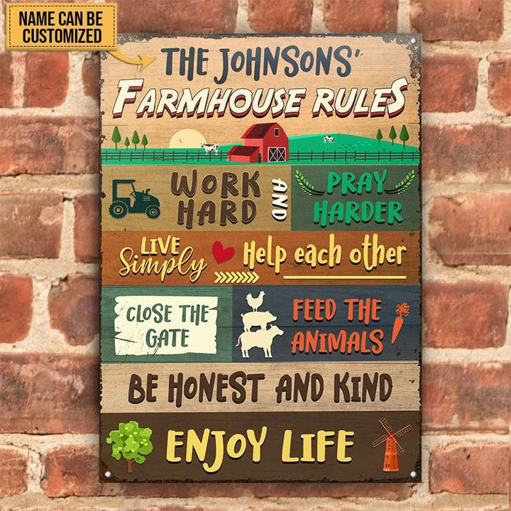 Farm Farmhouse Rule Work Hard Lovely Rectangle Metal Sign Custom Name