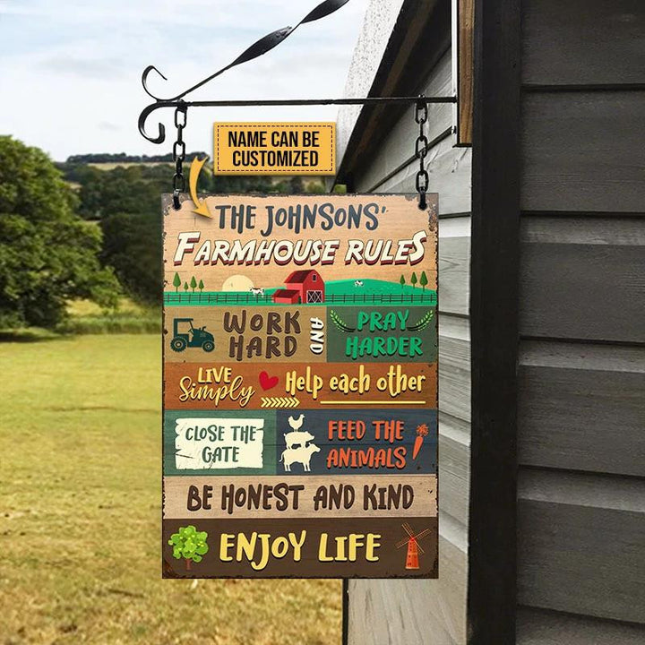 Farm Farmhouse Rule Work Hard Lovely Rectangle Metal Sign Custom Name