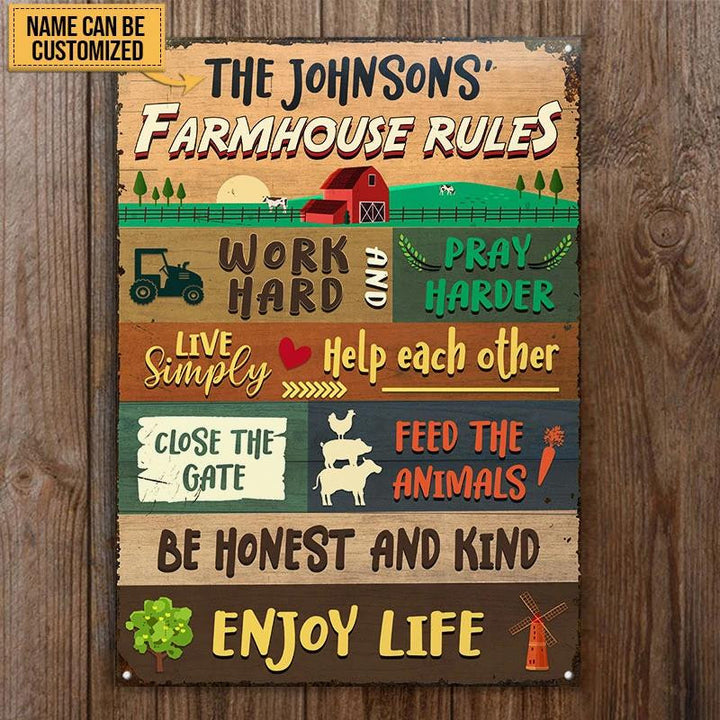 Farm Farmhouse Rule Work Hard Lovely Rectangle Metal Sign Custom Name