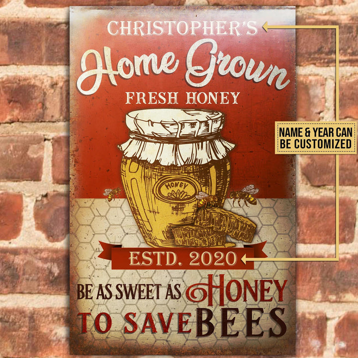 Home Grown Honey Bee Farm Rectangle Metal Sign Custom Name Year