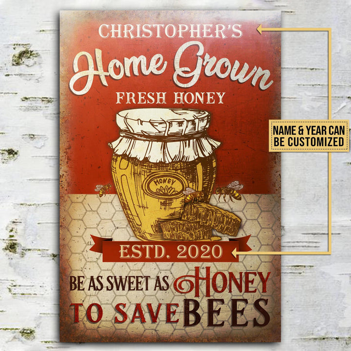Home Grown Honey Bee Farm Rectangle Metal Sign Custom Name Year