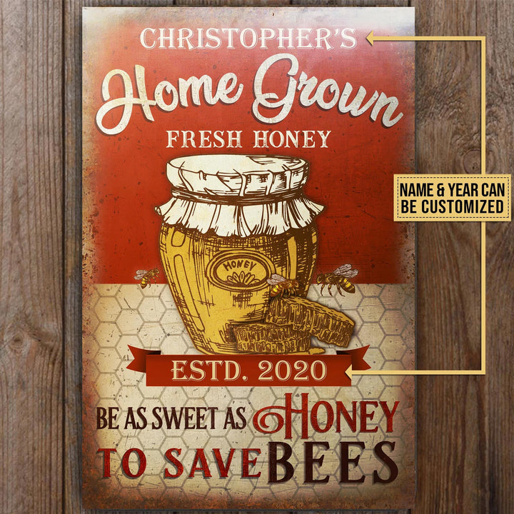 Home Grown Honey Bee Farm Rectangle Metal Sign Custom Name Year