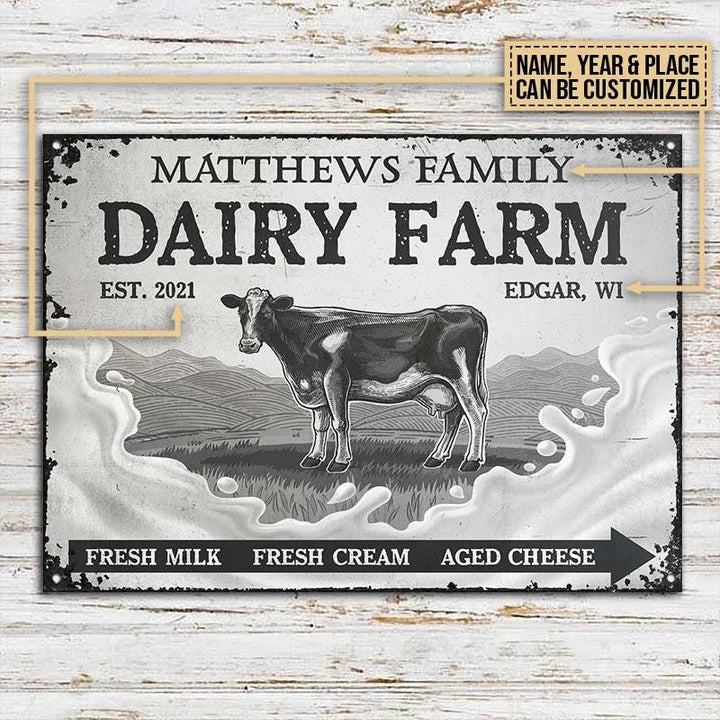 Grey Cattle Dairy Farm Rectangle Metal Sign Custom Text