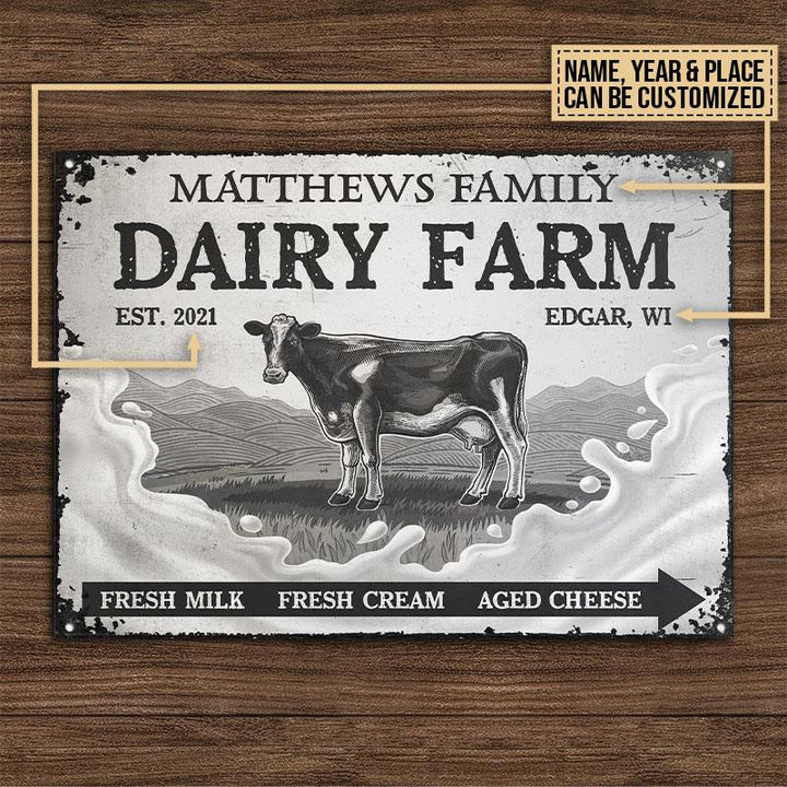 Grey Cattle Dairy Farm Rectangle Metal Sign Custom Text