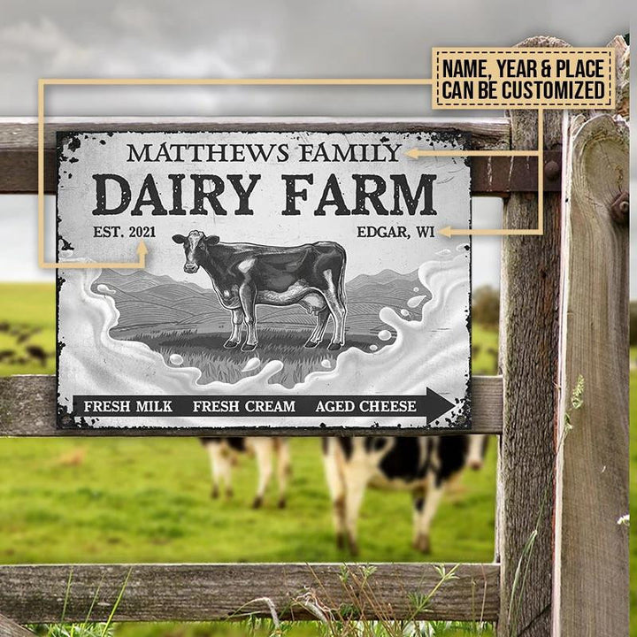 Grey Cattle Dairy Farm Rectangle Metal Sign Custom Text