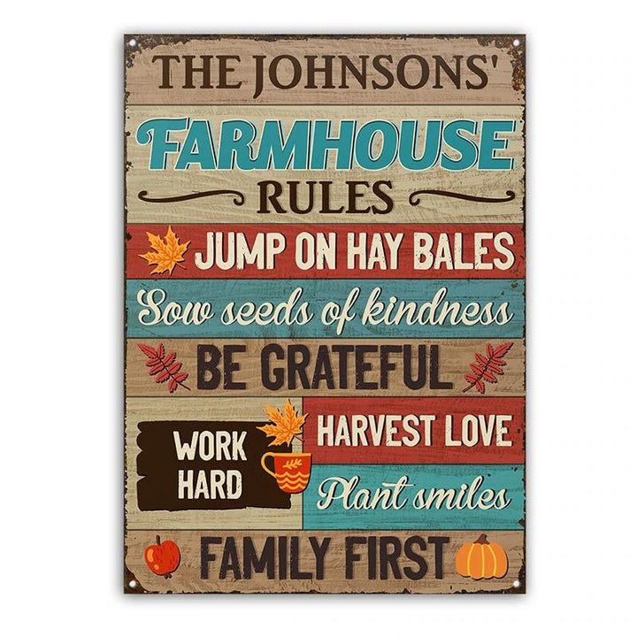 Farm Farmhouse Rules Harvest Love Nice Design Rectangle Metal Sign Custom Name