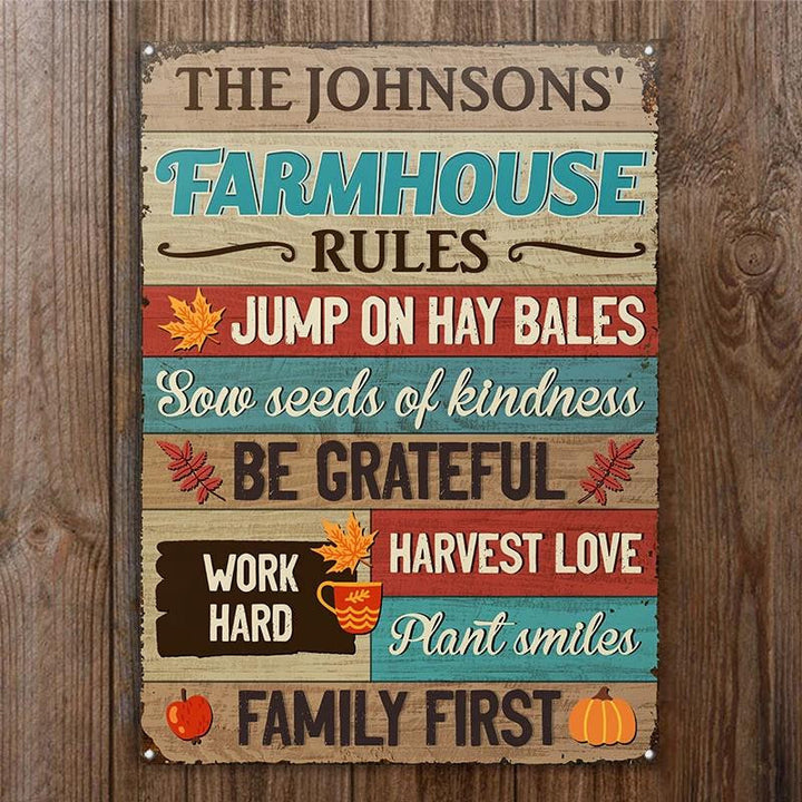 Farm Farmhouse Rules Harvest Love Nice Design Rectangle Metal Sign Custom Name