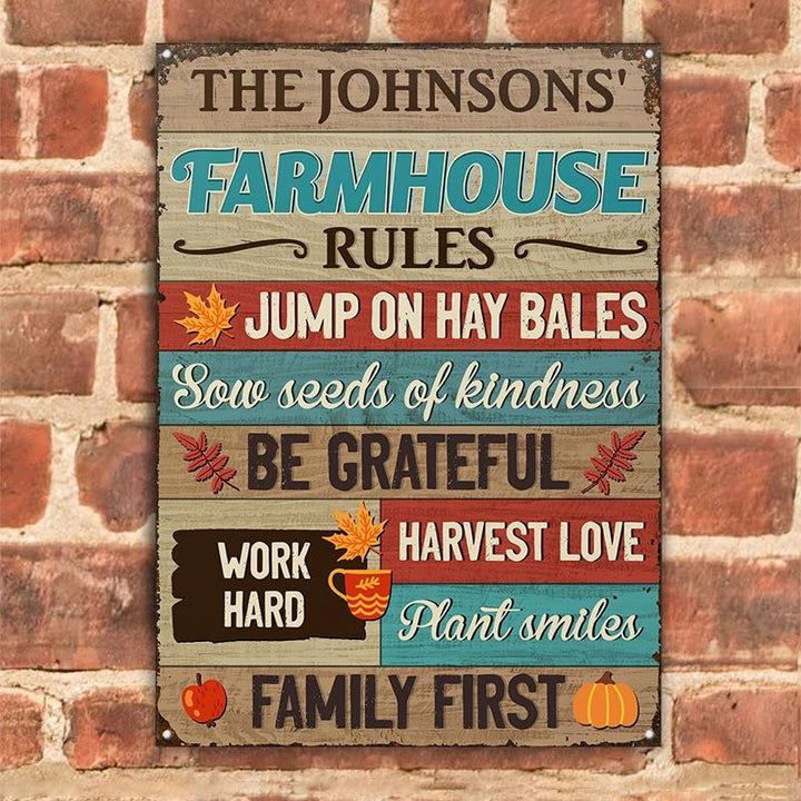 Farm Farmhouse Rules Harvest Love Nice Design Rectangle Metal Sign Custom Name