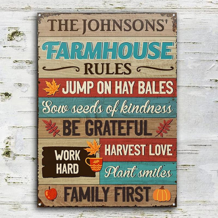 Farm Farmhouse Rules Harvest Love Nice Design Rectangle Metal Sign Custom Name