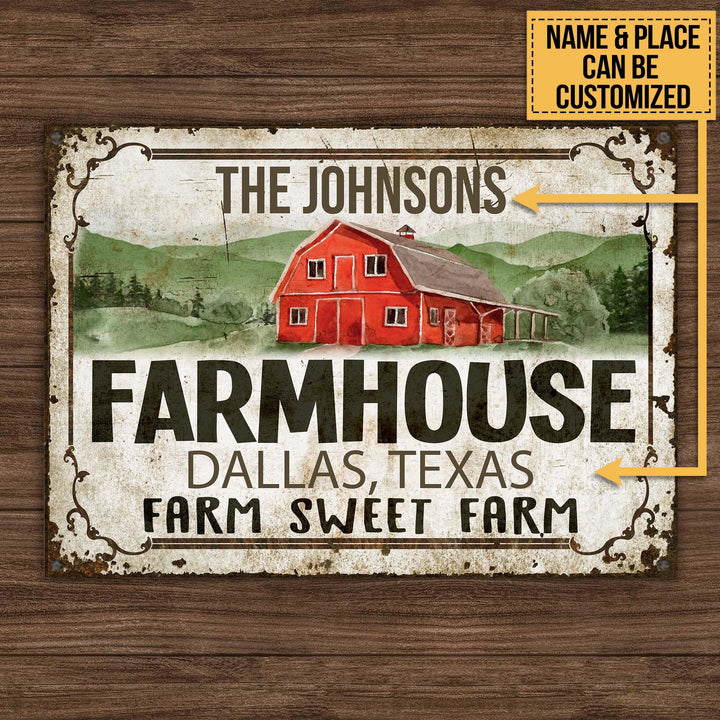 Red Farmhouse Farm Sweet Farm Custom Place And Name Rectangle Metal Sign