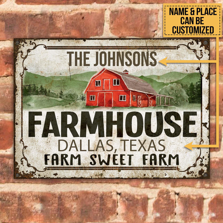 Red Farmhouse Farm Sweet Farm Custom Place And Name Rectangle Metal Sign