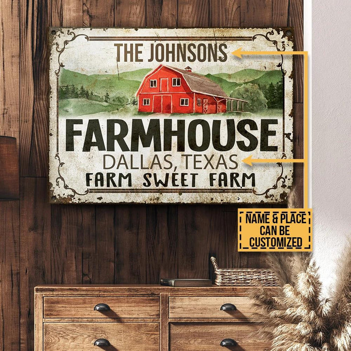 Red Farmhouse Farm Sweet Farm Custom Place And Name Rectangle Metal Sign