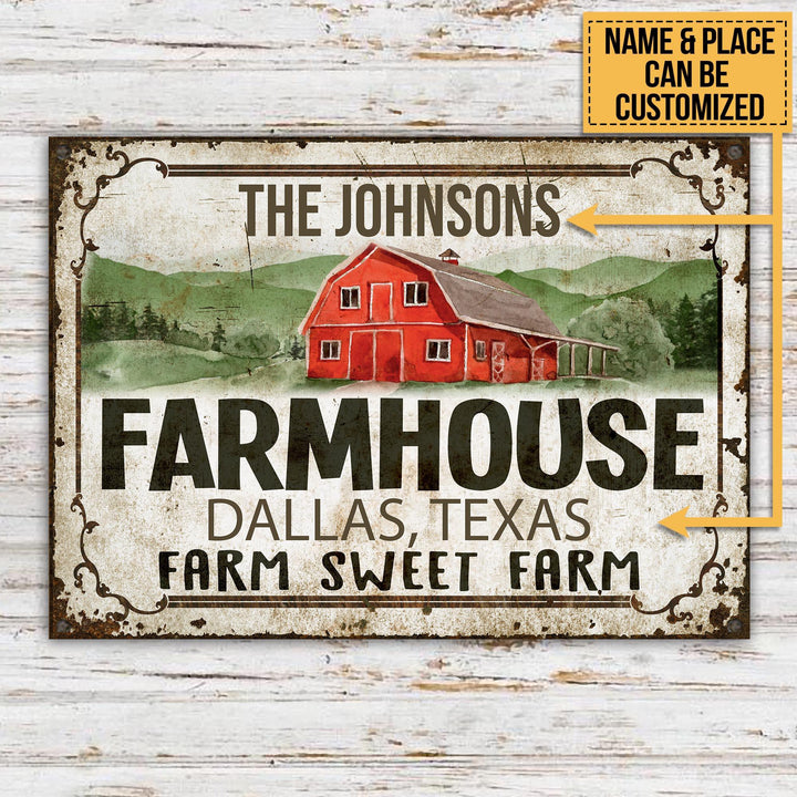 Red Farmhouse Farm Sweet Farm Custom Place And Name Rectangle Metal Sign