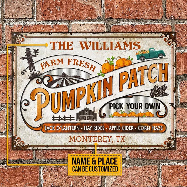 Farm Fresh Pumpkin Patch Rectangle Metal Sign Custom Name And Place