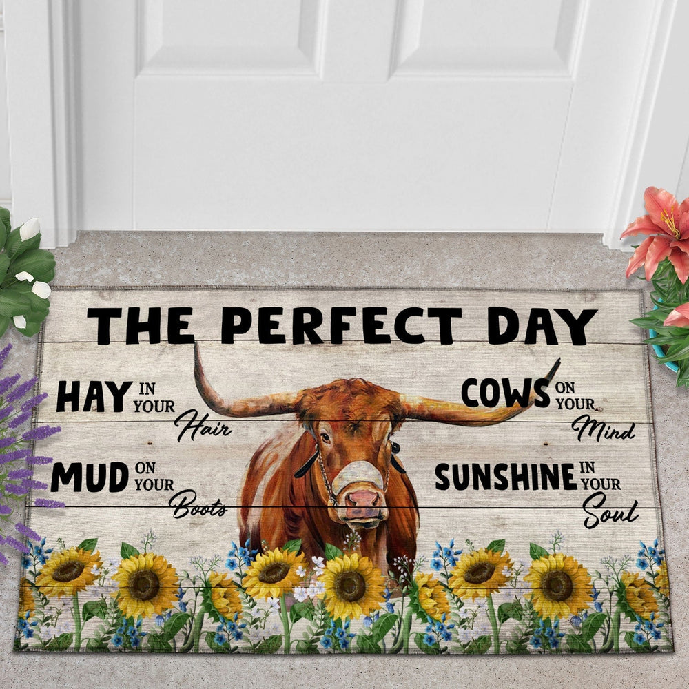 Texas Longhorn The Perfect Day Doormat, Farmhouse Doormat, Welcome Mat