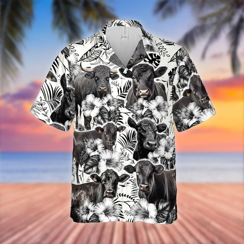 Black Angus Black White Flowers Pattern 3D Hawaiian Shirt