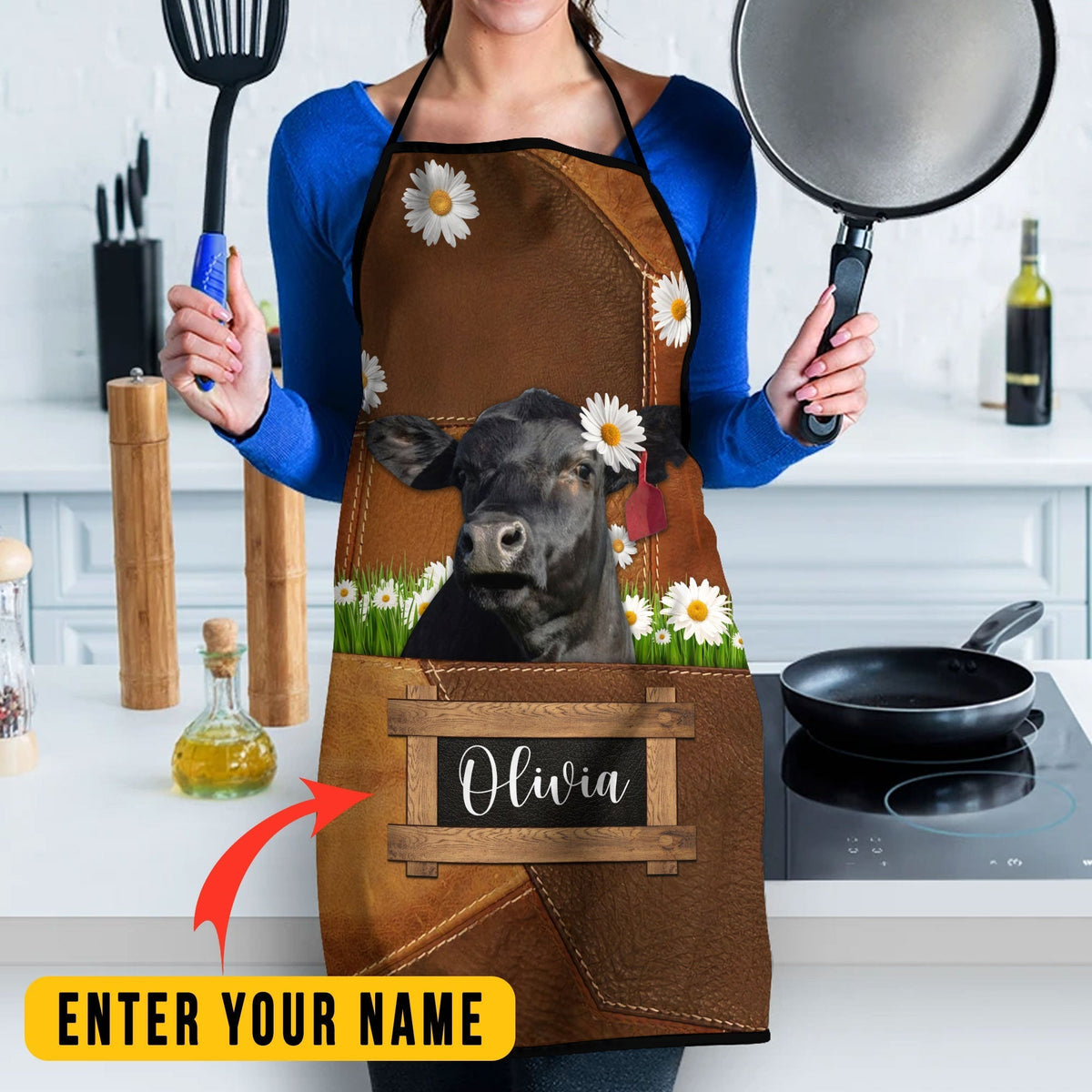 Personalized Name Black Angus Cattle All Over Printed 3D Apron