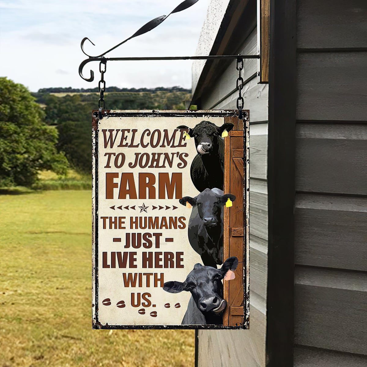 Personalized Name Black Angus Cattle Welcome to our farm All Printed 3D Metal Sign