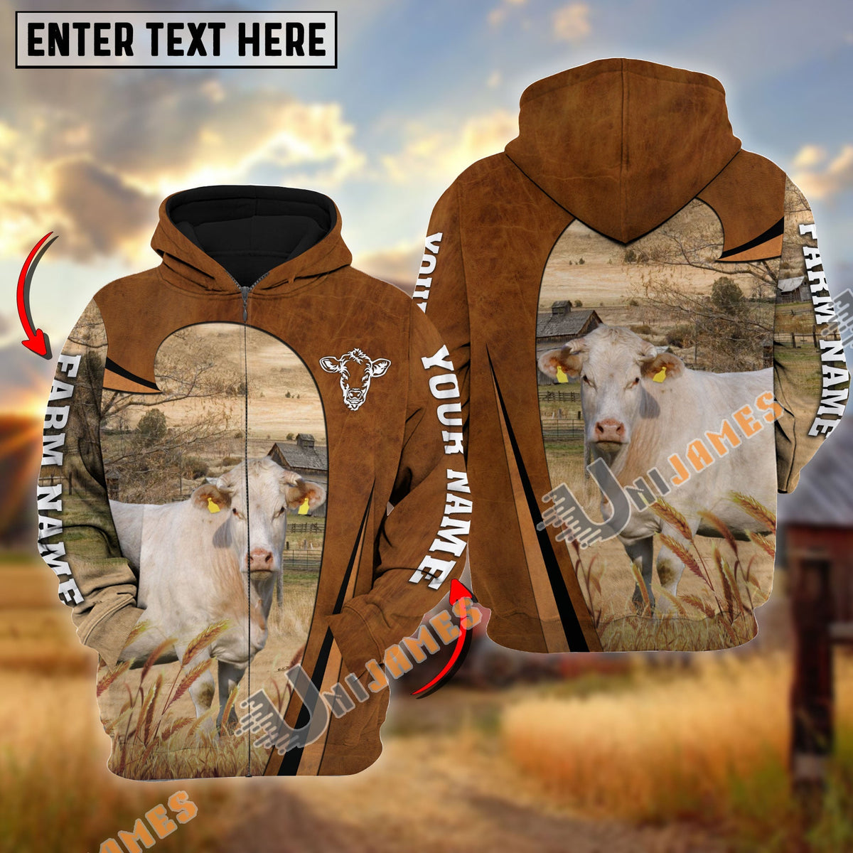Personalized Name, Farm Name Charolais Premium Brown Pattern Hoodie