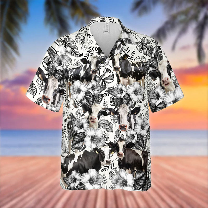 Holstein Black White Flowers Pattern 3D Hawaiian Shirt