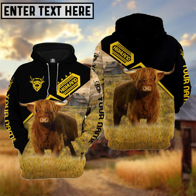 Personalized Name Highland Black Yellow Pattern 3D Hoodie