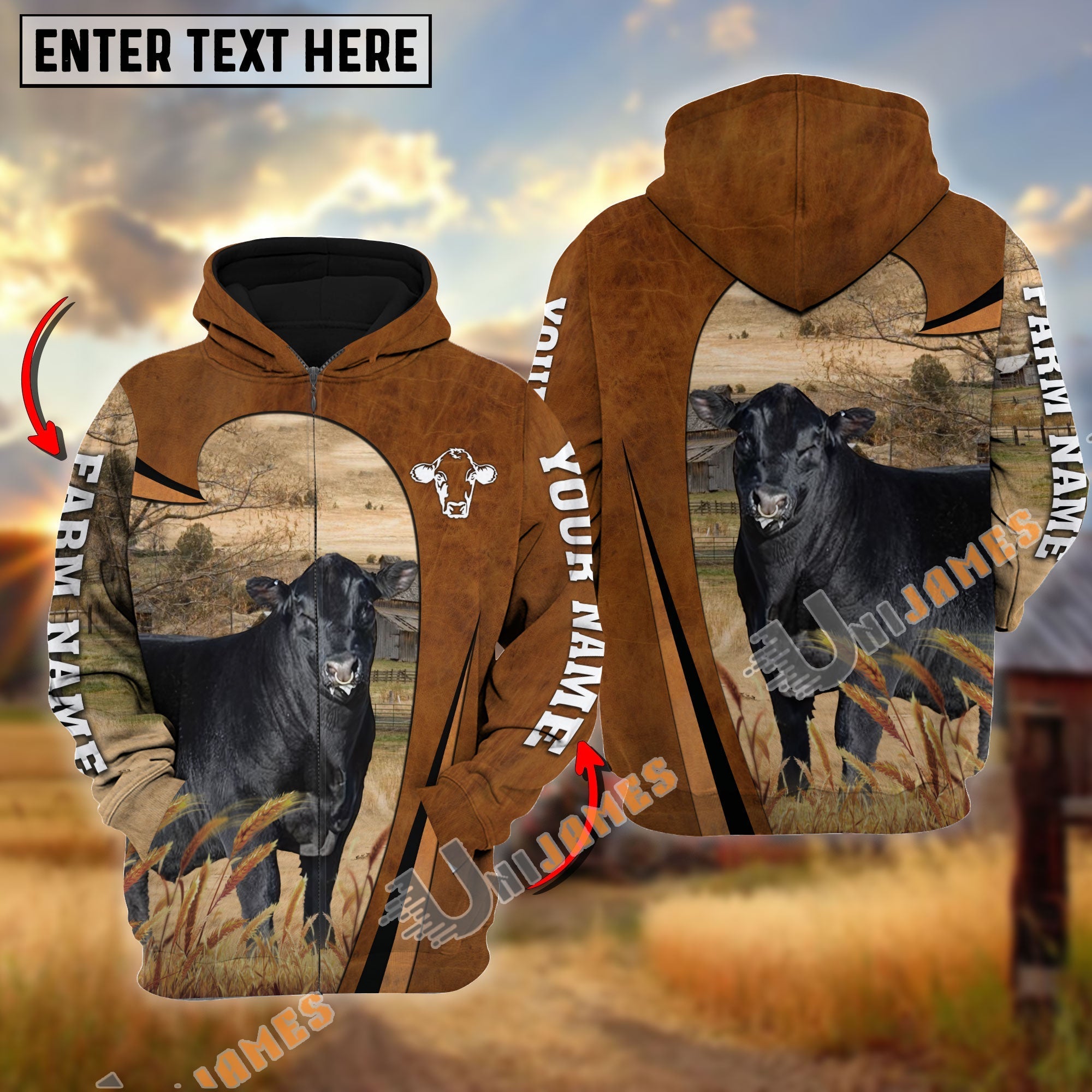 Personalized Name, Farm Name Black Maine-Anjou Premium Brown Pattern Hoodie