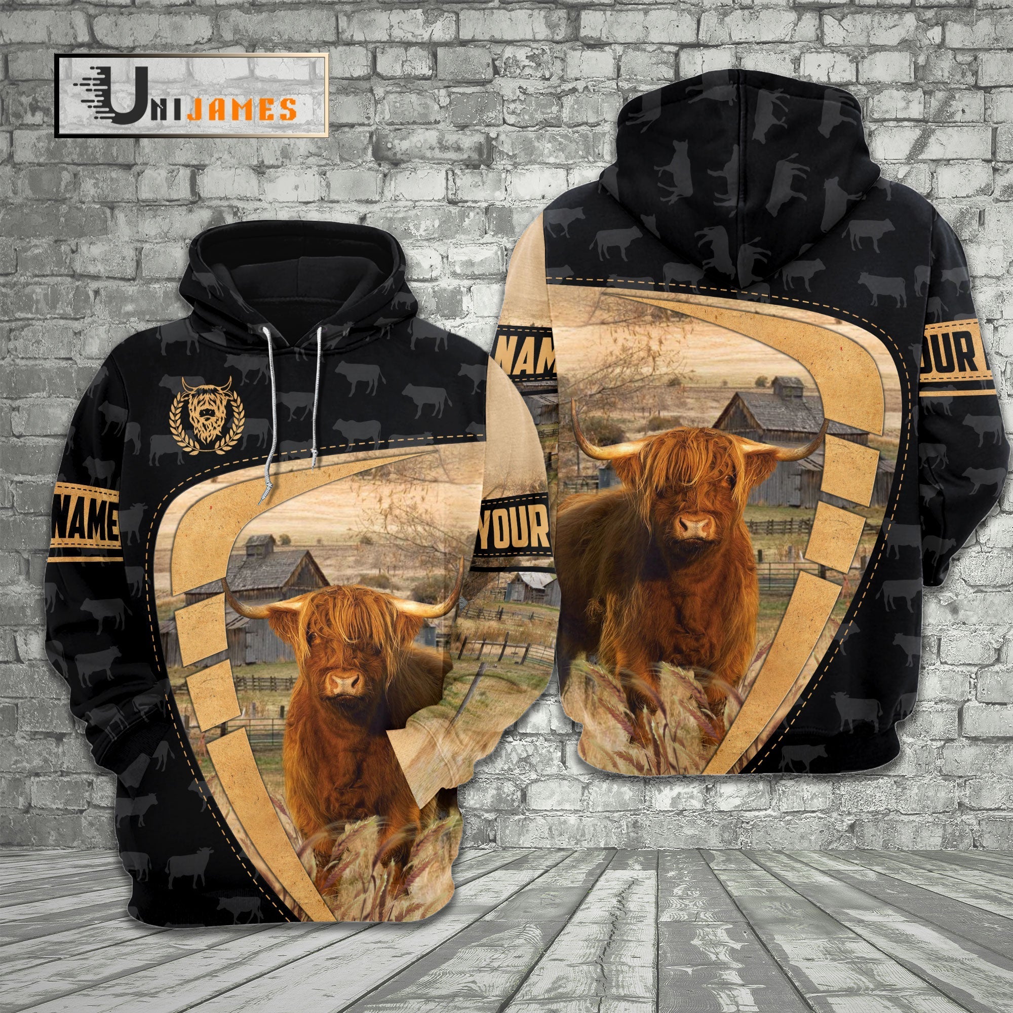 Highland Yellow Black Customized Name 3D Hoodie