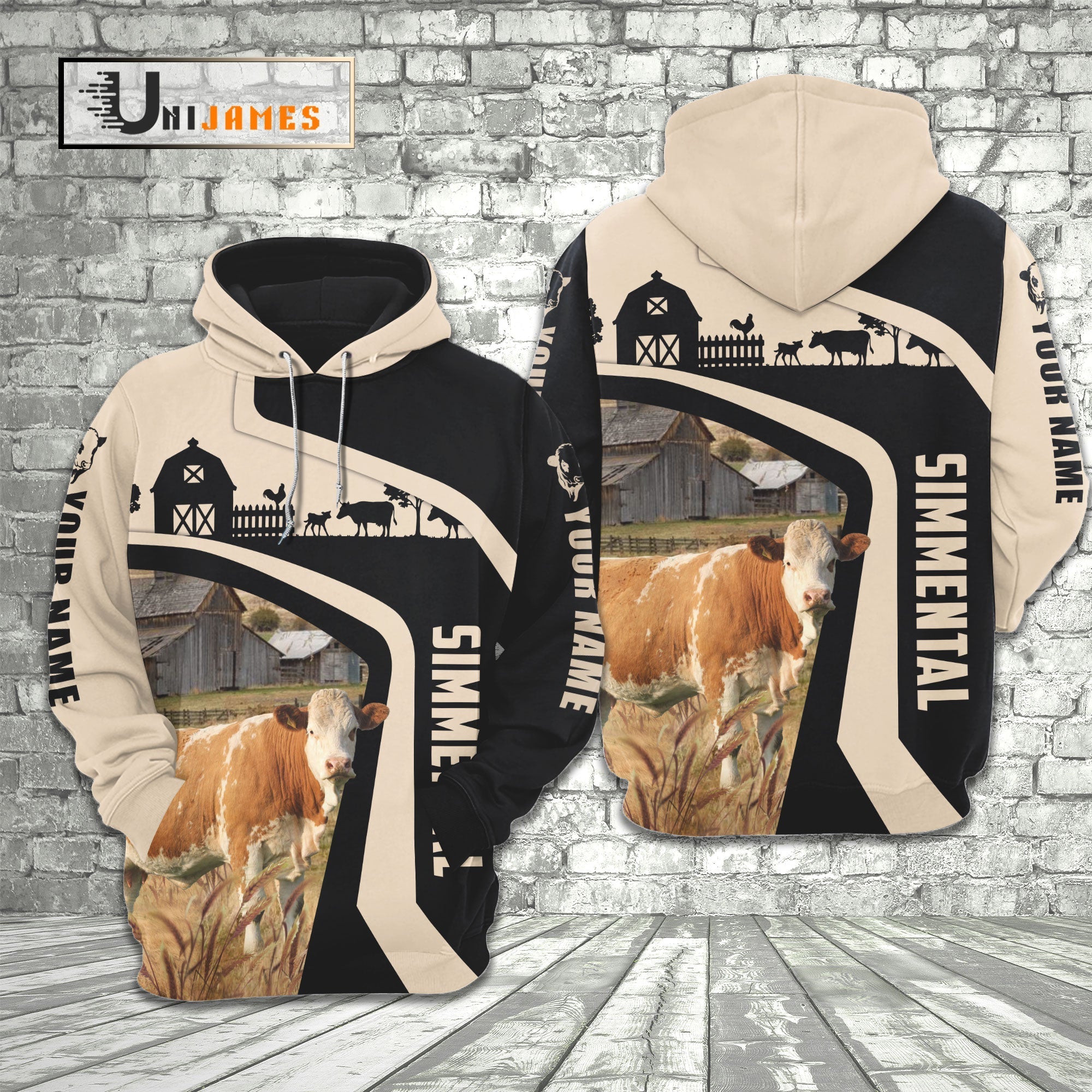 Simmental Black White Custom Name 3D Hoodie