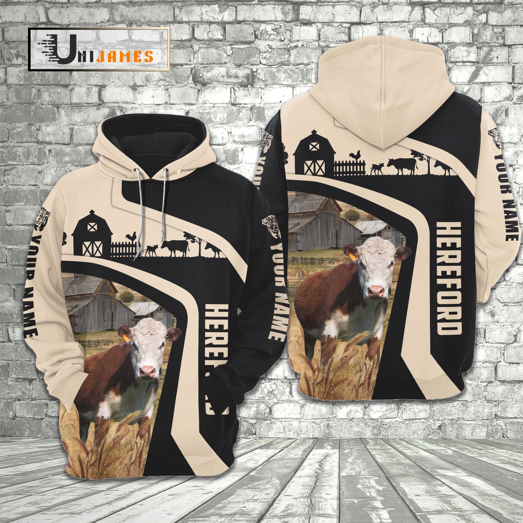 Hereford Black White Custom Name 3D Hoodie